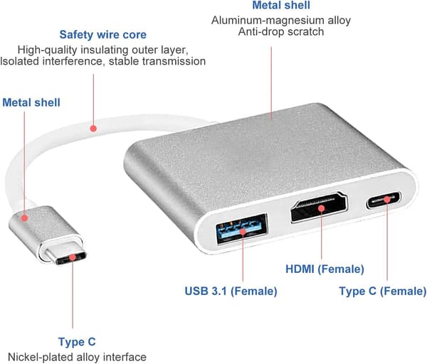4K USB C till HDMI-adapter, 3 i 1 Typ C-omvandlarkabel för MacBo