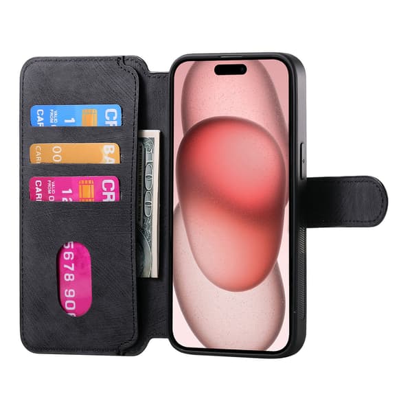 Magnetisk avtakbart flip-telefondeksel med RFID-beskyttelse, multifunksjonell kortholder og stativ; kompatibel med iPhone 16 Pro Max black