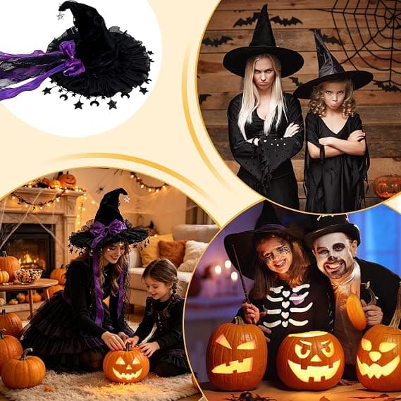 Halloween häxhatt med bred brätte spets, lämplig för semesterfester, kostymfester, maskeradfester, rollspel, etc. lila purple