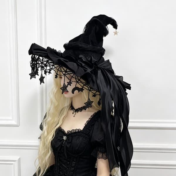 Halloween häxhatt med bred brätte spets, lämplig för semesterfester, kostymfester, maskeradfester, rollspel, etc. svart black