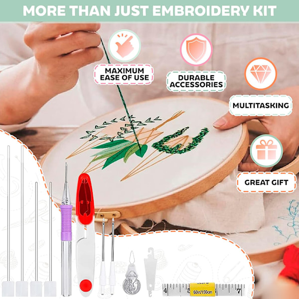 Broderisats, 100 färgade trådar, bärväska, flera tillbehör