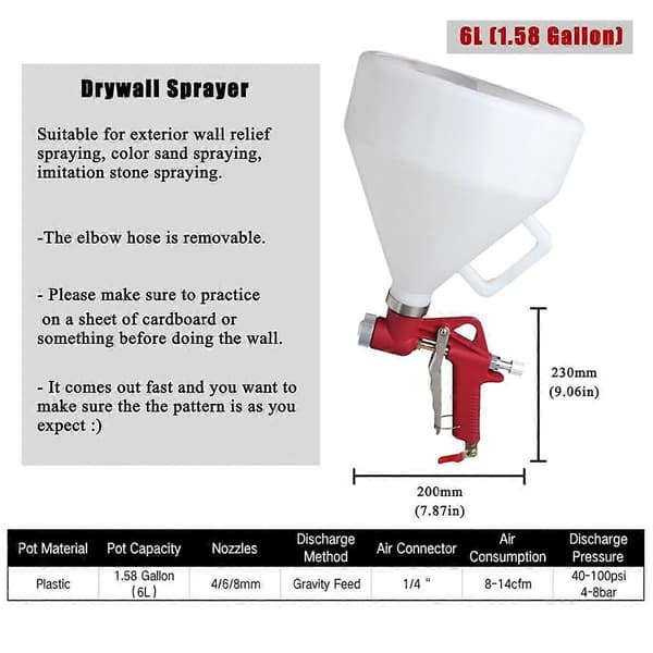 4/6/8 mm dyser for gipsstrukturmaling, 1,58 gallon (6L) lufthoppertank med albueslange for vegger og popcornhimlinger
