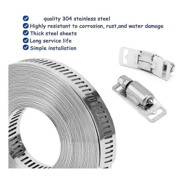 Slangeklemmer 20FT Metalrem+20 Befæstelser DIY Klip-til-pas Rustfrit Stål Båndklemmer Justerbar Stor Orm