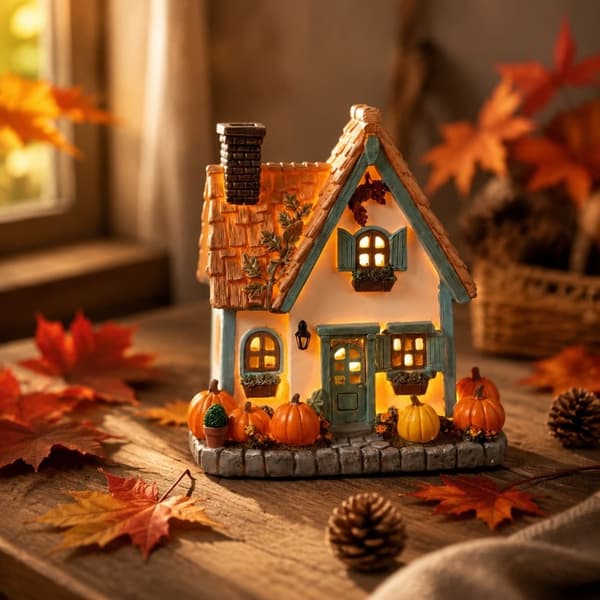 Efterårshytte dekoration harpiks ornament med indbyggede LED-lys, velegnet til Halloween pejsestativer, efterårshjem dekoration stil 2 stye 2