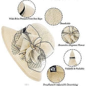 Solhatt för kvinnor - Bröllop Kyrka Te Bjudning Bredbrättad Sommar Solhatt, Beige