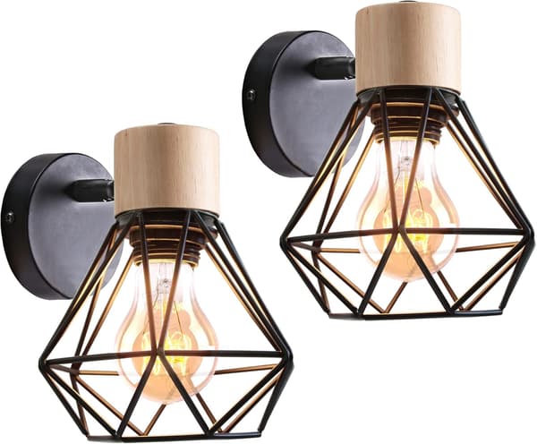 Sæt af 2 Industrielle Vægsconces Design Metalbur Wall Lampe Træ
