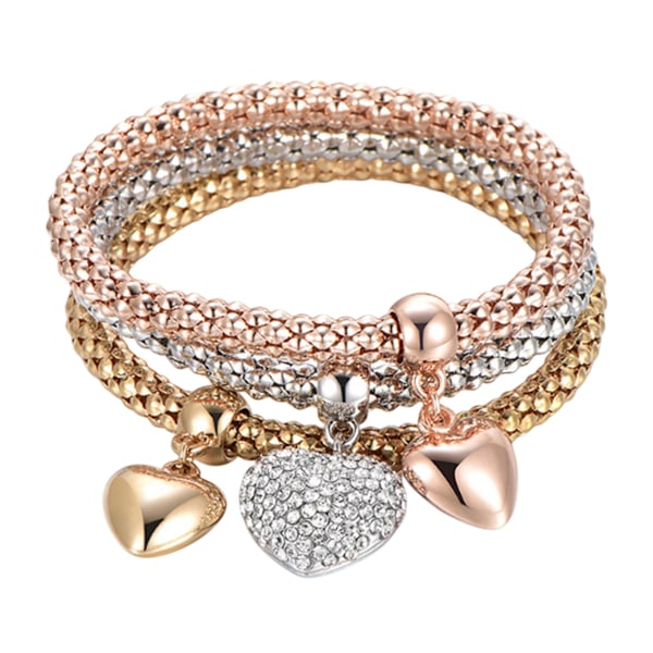 Multilagerarmband - 3 st Guld/Silver/Roséguld Majskedjearmband för kvinnor, Hjärtformat Stretcharmband Style 4