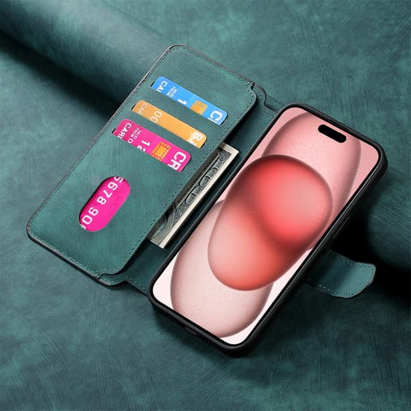 Magnetisk avtakbart flip-telefondeksel med RFID-beskyttelse, multifunksjonell kortholder og stativ; kompatibel med iPhone 13 Pro Max green