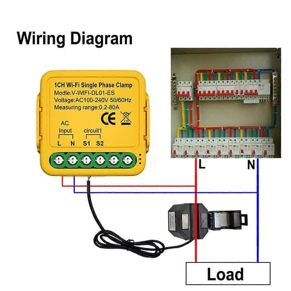 Tuya Wifi Smart Power Meter med strømtransformatorsensor klemme 80A energimåler, 2CH