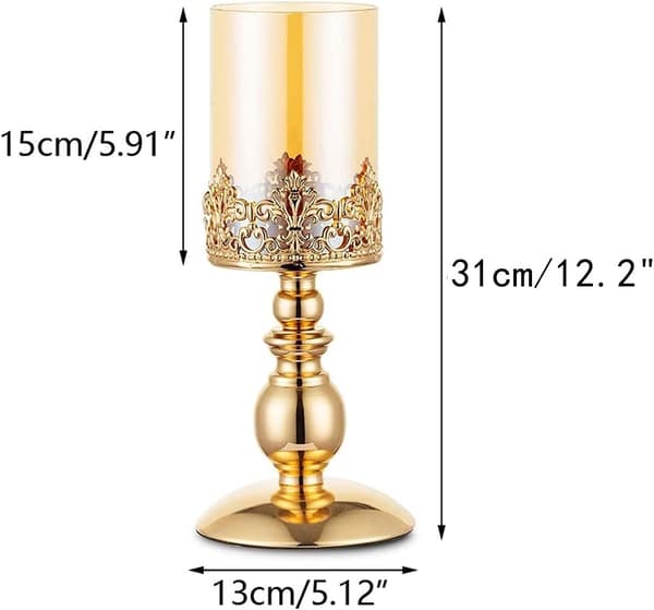 Lysestaker med glass, sett med 2 gullfargede orkanlysestaker