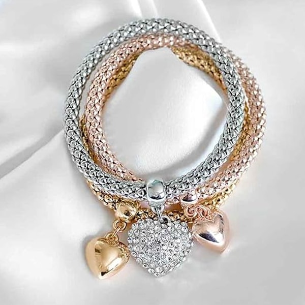 Multilagerarmband - 3 st Guld/Silver/Roséguld Majskedjearmband för kvinnor, Hjärtformat Stretcharmband Style 4