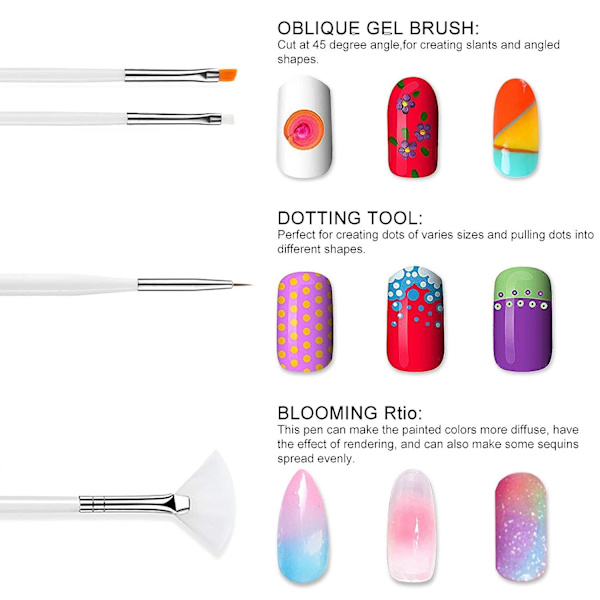 Nagelkonstverktyg Set, Nagelprickverktyg, Nagelstoftborste, Striping