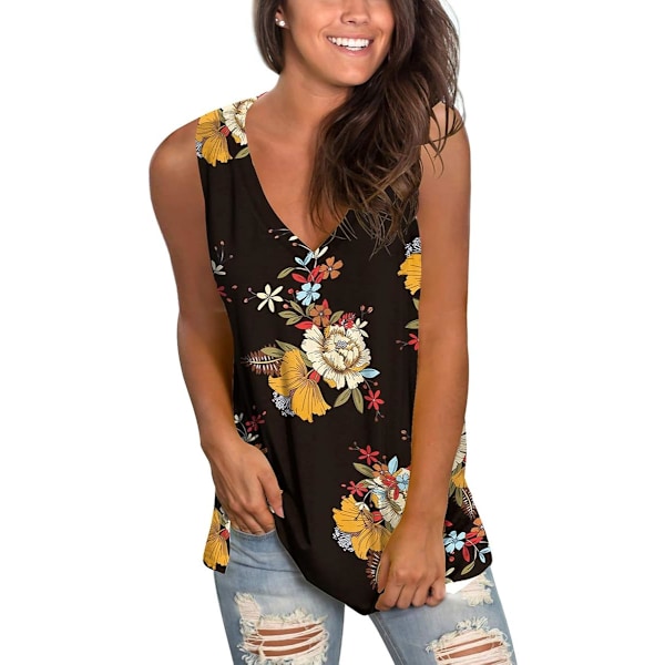 Tanktoppar för damer V-ringad T-shirt Ärmlösa toppar Blommig sidoslits Tanktoppar 121-tank Black Print X-Large