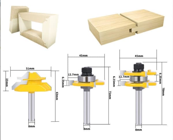 3 stk. 45 Graders Lås Mitre Fræserbit + Tunge Bit + Falskutter