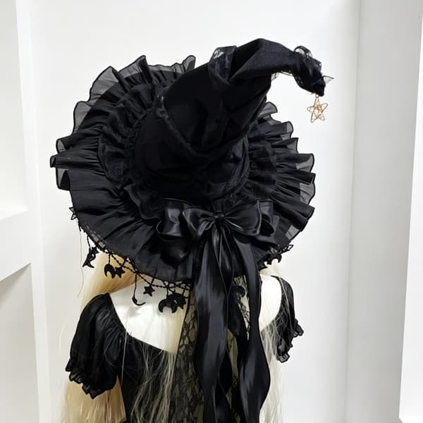 Halloween häxhatt med bred brätte spets, lämplig för semesterfester, kostymfester, maskeradfester, rollspel, etc. svart black