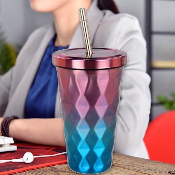 Drickmugg med sugrör rostfritt stål termisk kaffemugg för att ta med 500ml kaffekoppar för kvinnor, flickor och män