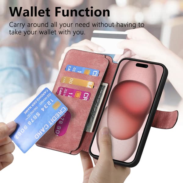 Magnetisk avtakbart flip-telefondeksel med RFID-beskyttelse, multifunksjonell kortholder og stativ; kompatibel med iPhone 16 Pro Max pink