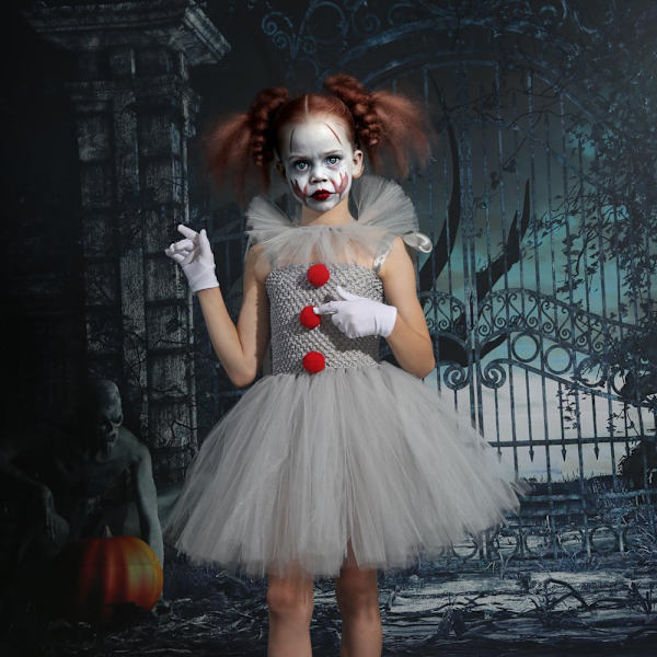 Clown Klänning Barn Mesh Prinsessklänning Set Barn Halloween Performance Kostym 120cm