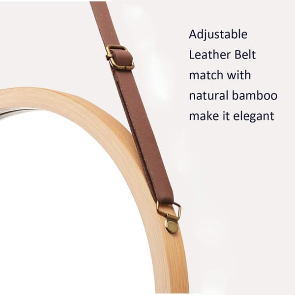 Bambu väggspegel rund hall spegel badrumsspegel med justerbar läderrem 38cm