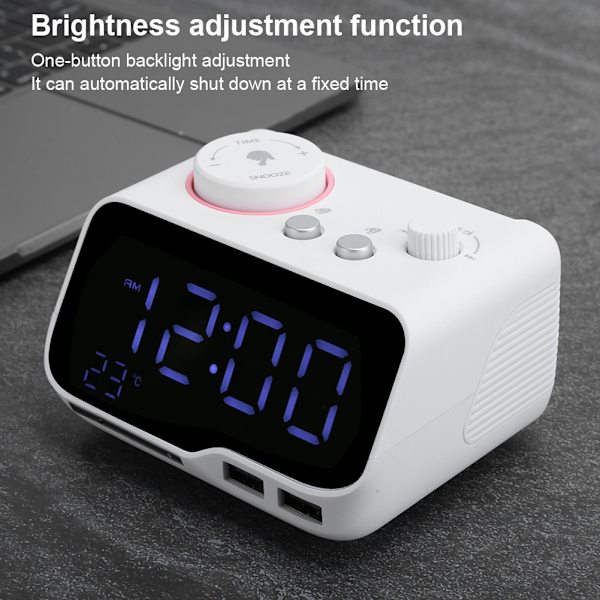 Digital väckarklocka med dubbla alarm, justerbar ljusstyrka, FM-radio, insomningstimer, USB-laddning, termometerdisplay för sovrum och vardagsrum