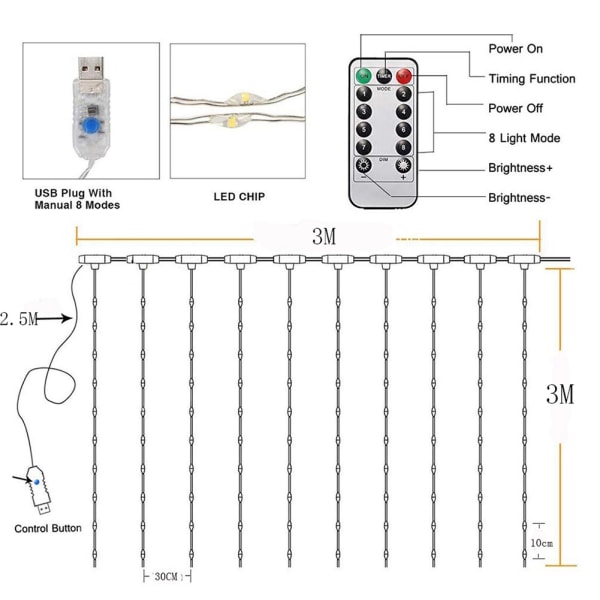 LED 3 meter 300 gardinlampor 8 läge USB fjärrkontroll koppartråd Stjärnljus(Vit)