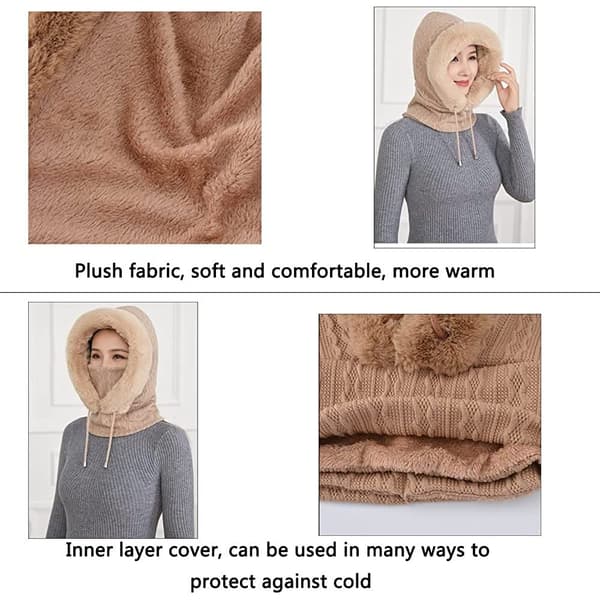 2 i 1 Vintermössa Stickad Mössa Varm Mössa Cirkelsjal Set Balaclava Vinterstickad Mössa med Fleecefoder för Kvinnor Vindtät Mössa Kylskydd Skidmössa Beige