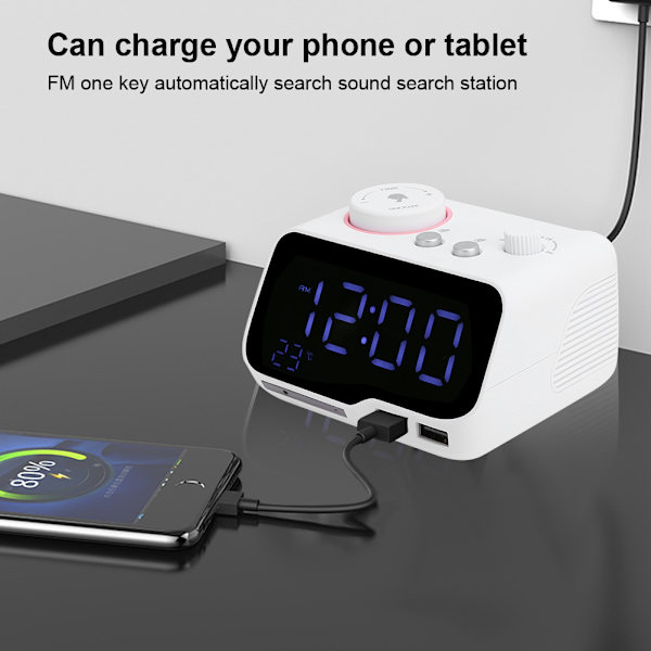 Digital väckarklocka med dubbla alarm, justerbar ljusstyrka, FM-radio, insomningstimer, USB-laddning, termometerdisplay för sovrum och vardagsrum