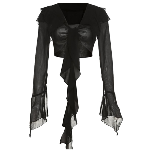Dam Tie Front Bell Långärmad Blus Transparent Mesh Crop Top, Enfärgad Långärmad, Svart XL