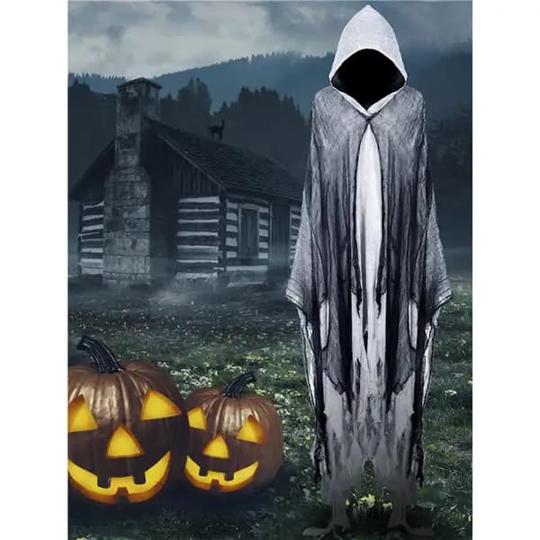 Halloween zombie rollespil middelalderkappe, lang hat, stor slæbekappe Halloween scenekostume grå gray