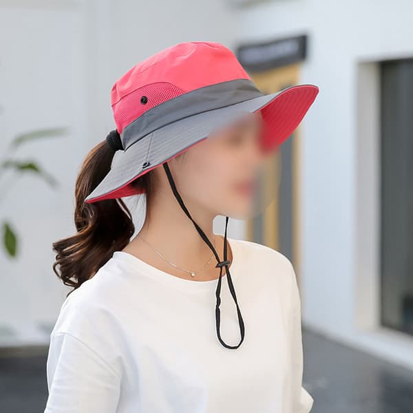 Solhatt for kvinner med hestehalehull, UV-beskyttelse, sammenleggbar, bred brem