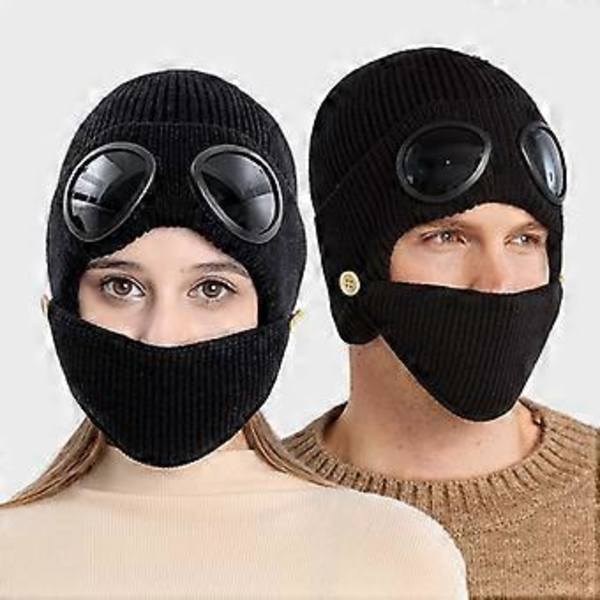 Stickad mössa med skyddsglasögonmask svart