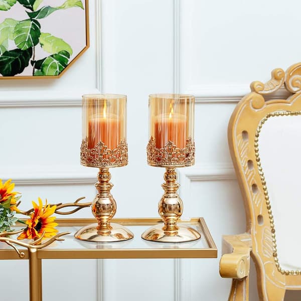 Lysestaker med glass, sett med 2 gullfargede orkanlysestaker