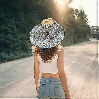 Bambusvifte Foldbar Solhat Blomstret Solbeskyttelseshætte Letvægts Multifunktionelt Huldesign Bred Skygge Dame Foldeviftehat (blå blomst)