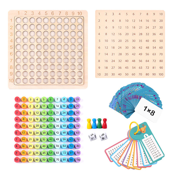 Trämultiplikationsspel, multiplikationstabellkort, tärningar,