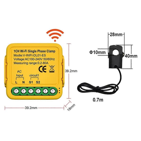 Tuya Wifi Smart Strømmåler med Strømtransformatorsensor Klemme 80A Energimåler, 2CH