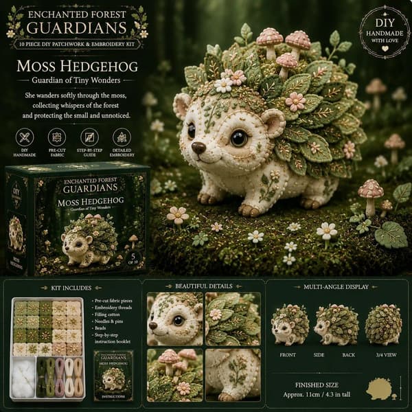 Gør-det-selv Patchwork-sæt: Magisk Skov Pindsvinevogter - Begynder Håndsyet 3D Dukke - Helende Pynt/Gave