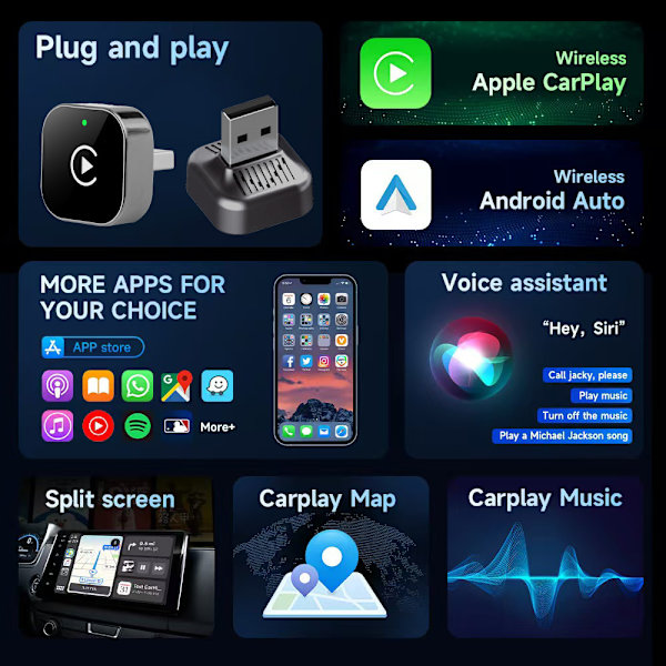CarPlay/Android Auto trådløs adapter: Kablet-til-trådløs bilkoblingsboks