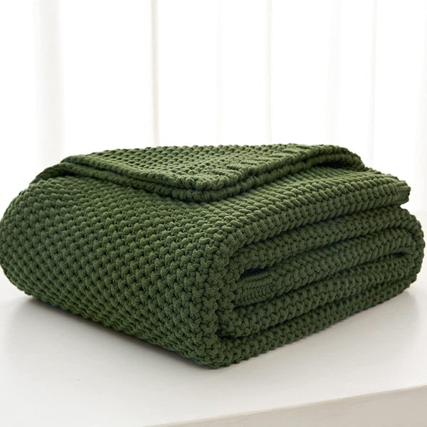 Mjuk och Bekväm Kabelstickad Pläd för Säng, Soffa, Vardagsrum, Lätt Varm Dekorativ Pläd i Bondgårdsstil Army green