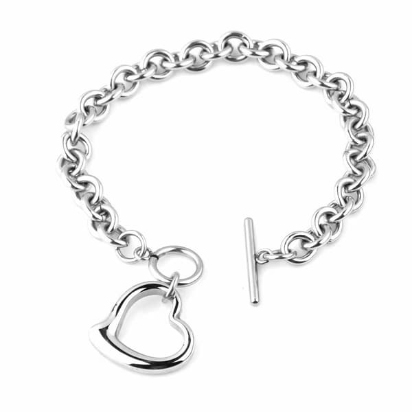 Sølv Hjertekæde Halskæde + Hjerte Armbånd til Kvinder Piger Hjerte Vedhæng Toggle Charm Smykkesæt Rustfrit Stål