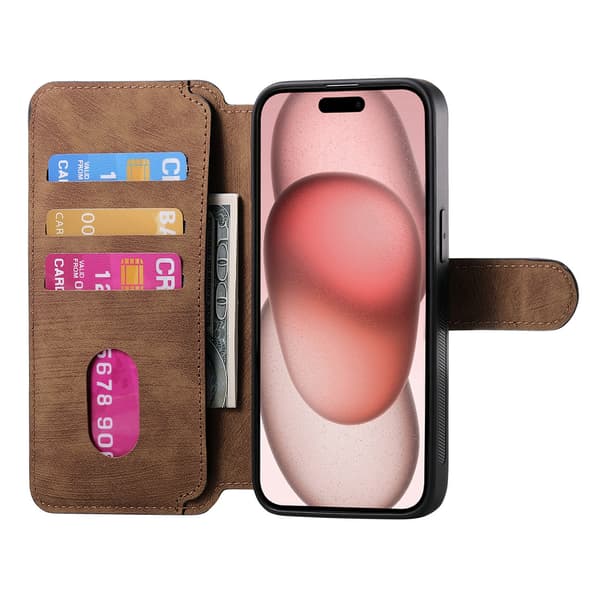 Magnetisk avtakbart flip-telefondeksel med RFID-beskyttelse, multifunksjonell kortholder og stativ; kompatibel med iPhone 14 brown