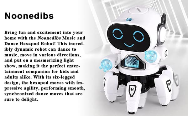 Musikk og dansende hexapod-robot, LED-øyne, med diskolys og dansemusikk, universalhjul, interaktiv og lærerik, egnet for gutter og