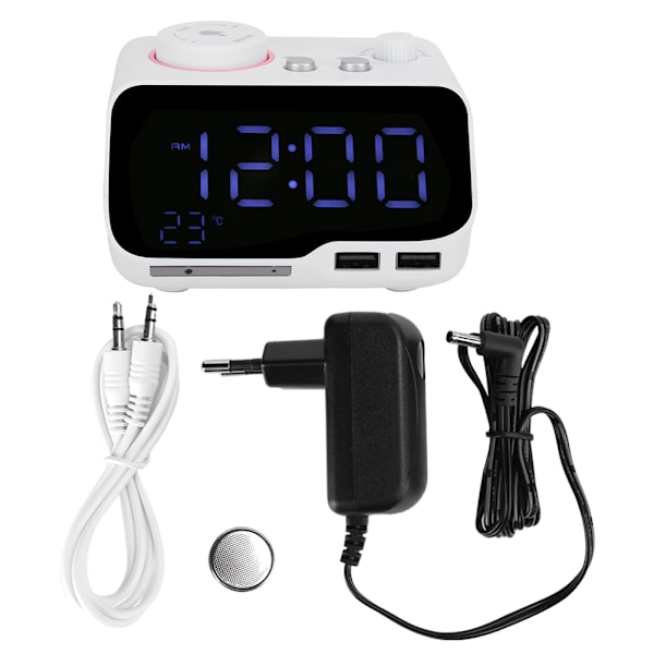 Digital väckarklocka med dubbla alarm, justerbar ljusstyrka, FM-radio, insomningstimer, USB-laddning, termometerdisplay för sovrum och vardagsrum