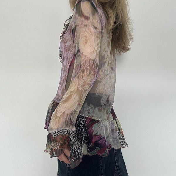Retro Blomster Patchwork Gennemsigtig Kunstnerisk Gradient-Printet Flæset Bindebånds Tulle Bluse S