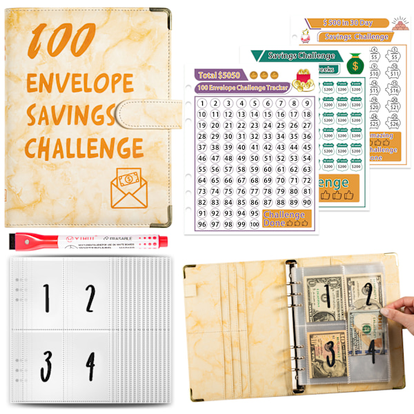 100 Kuvert Pengar Sparutmaning Flipchart med 100 Tydliga Kontantkuvert A5 Pengar Sparutmaning Flipchart Yellow