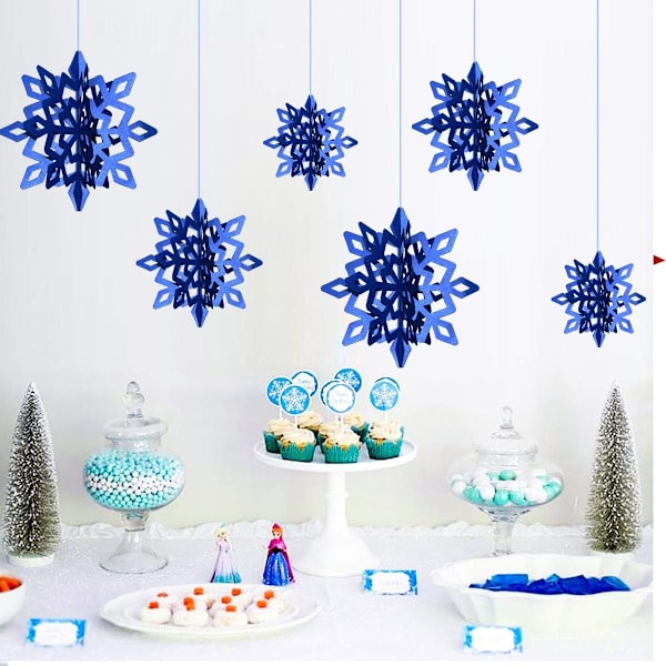 6 st Snöflingedekorationer Julgransprydnader & en 3D Snöflingegirland Vinterland Dekorationer Högtidsbröllopsfest Hemhängande Dekor Blue