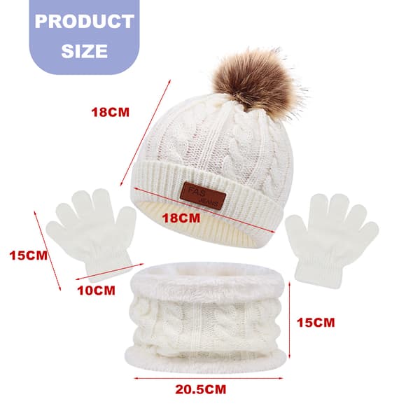 1 sæt børns vinter tredelte hat, halstørklæde, handsker, tredelt efterår og vinter ny enkelt kugle babyhat white