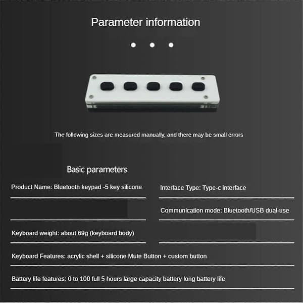 Lydløst silikone Bluetooth brugerdefineret programmerbart makrotastatur med 5 taster, makropad, kopier/indsæt USB-tastatur, Bluetooth+USB+Trådløs