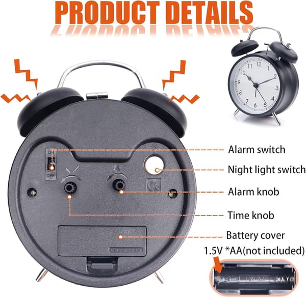4\" Dubbel Klocka Väckarklocka Retro Tyst Sängbord Väckarklocka Batteri