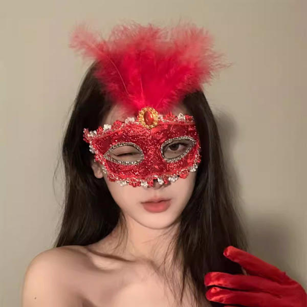 Rød blondefjær-maske med strasspynt Red