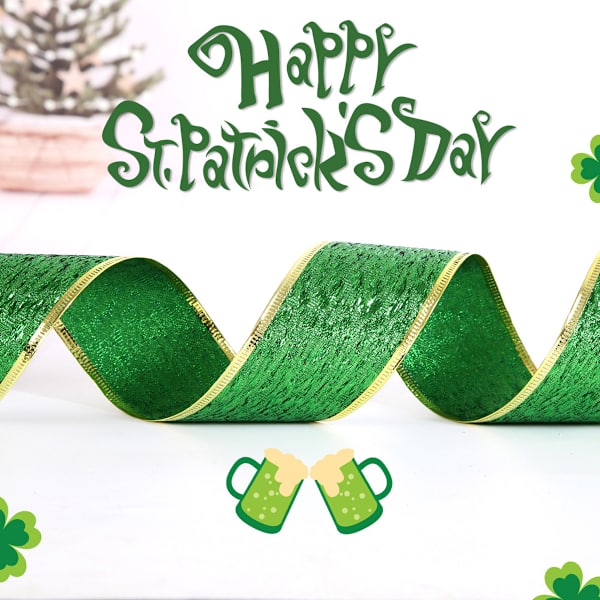 St Patrick's Day Green Glitter Wired Ribbon for Gift Wrapping,